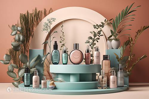綠植展臺(tái)的護(hù)膚品數(shù)字藝術(shù) 自然與科技交織的化妝品新敘事
