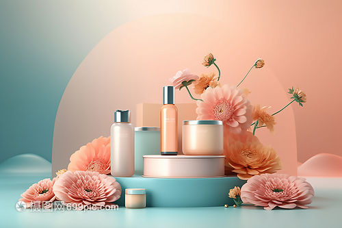 藍色展臺上的護膚品數(shù)字藝術 科技與美學的交融